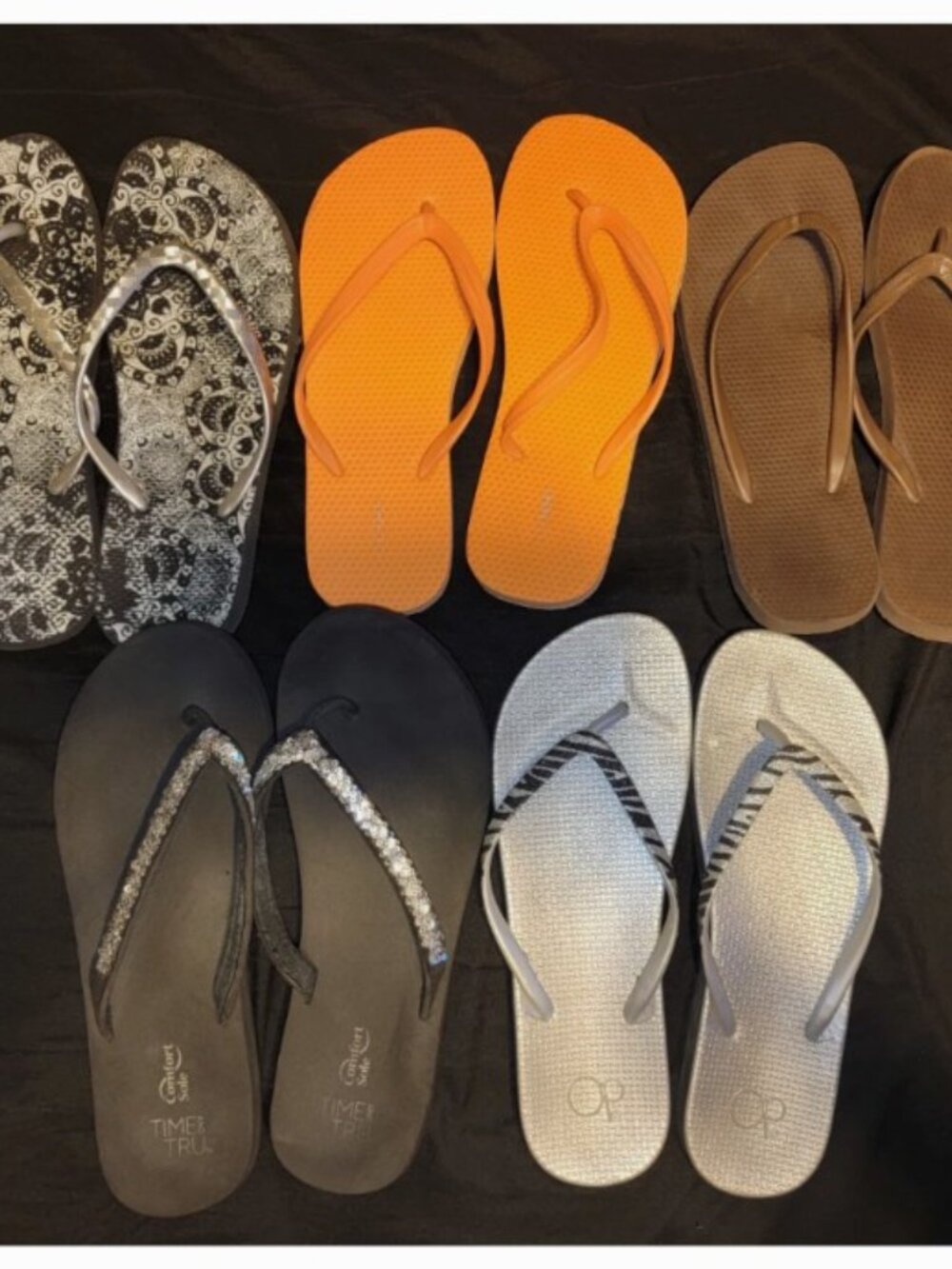 5 Flip Flop Sandals Silver Blk Glitter Large 9 10 Old Navy OP Tru Brown Orange